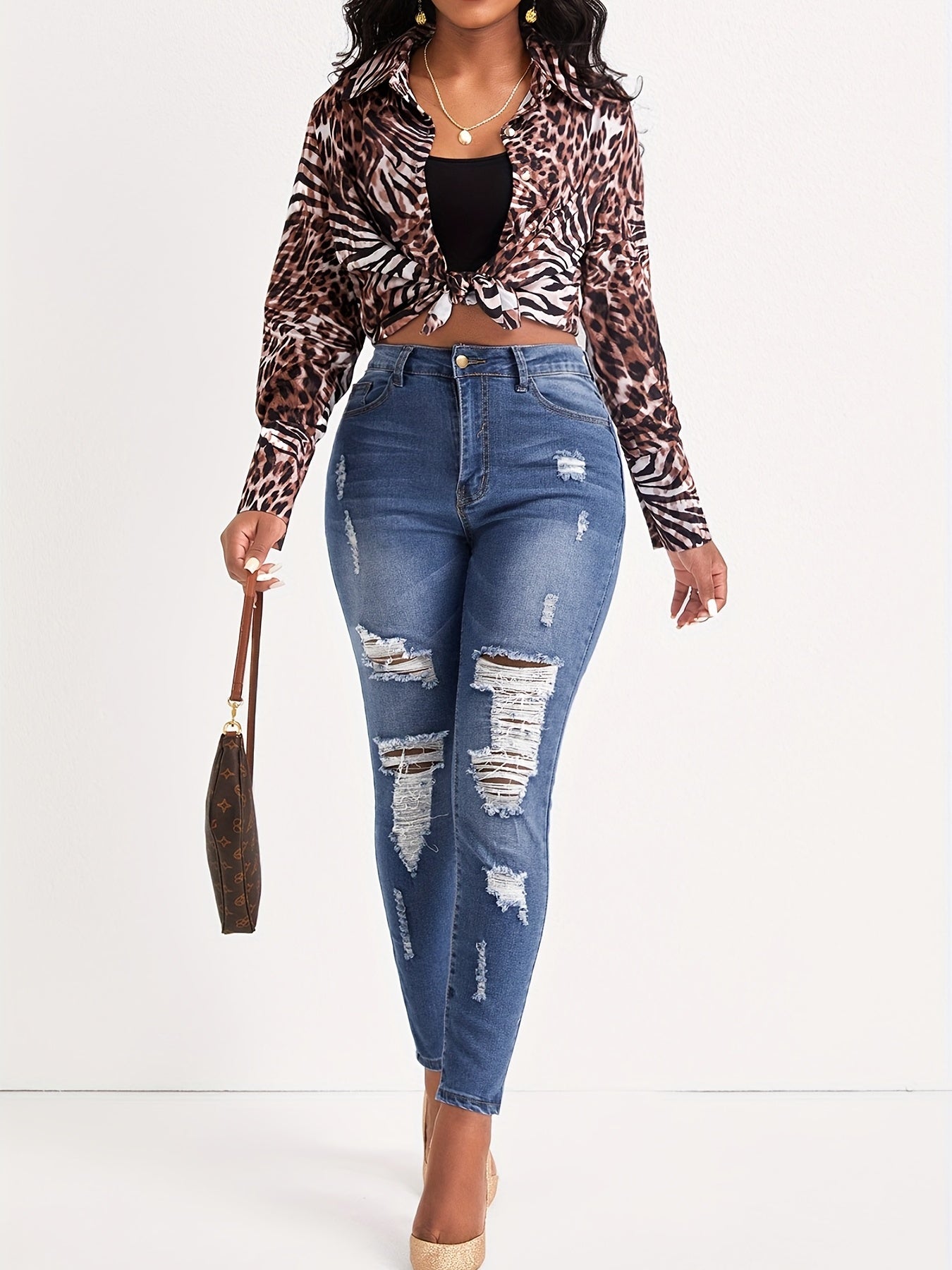 Women's Plus Ripped Skinny Jeans Button Fly Denim Pants