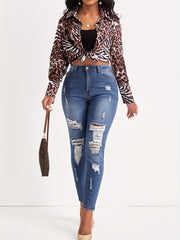 Women's Plus Ripped Skinny Jeans Button Fly Denim Pants