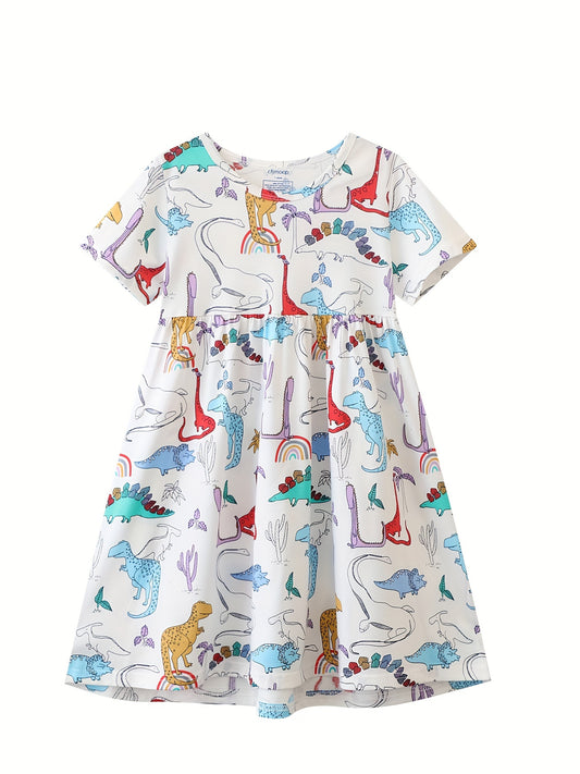Girls Dinosaur Printed Crew Neck Dress Casual Summer Clothes