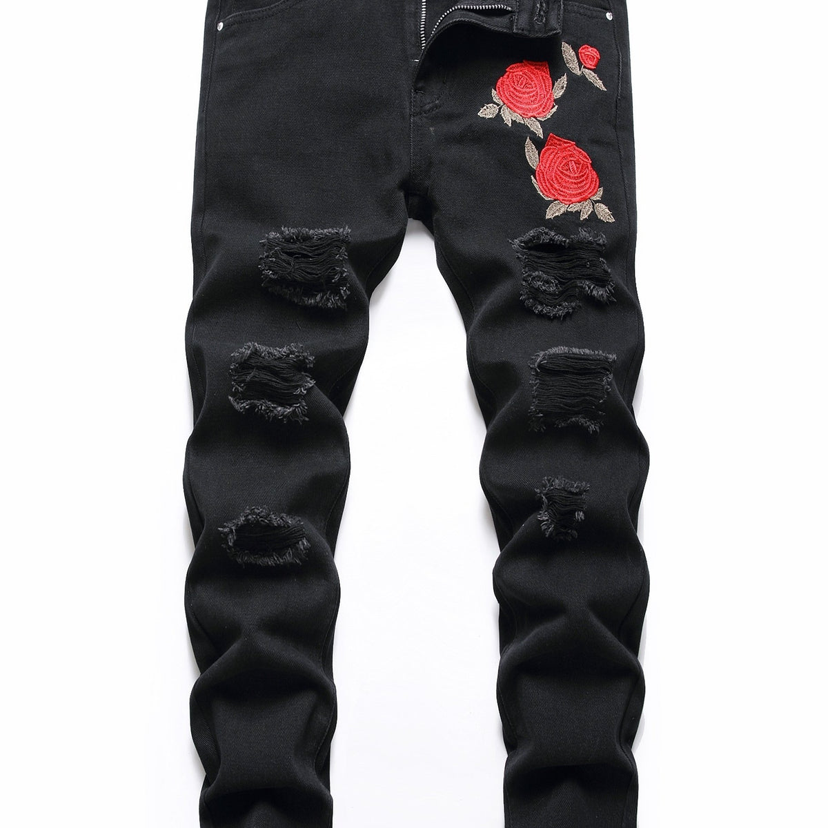 Boys Rose Print Ripped Jeans Denim Pants for Spring and Autumn