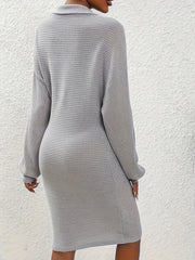  Solid Ribbed Baggy Sleeve Polo Neck Bodycon Dress
