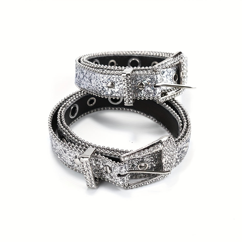 Y2K Eyelet Belt Sparkling Rhinestone PU Leather Waistband