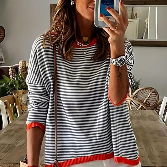 Striped Print Crew Neck Knit Sweater Long Sleeve