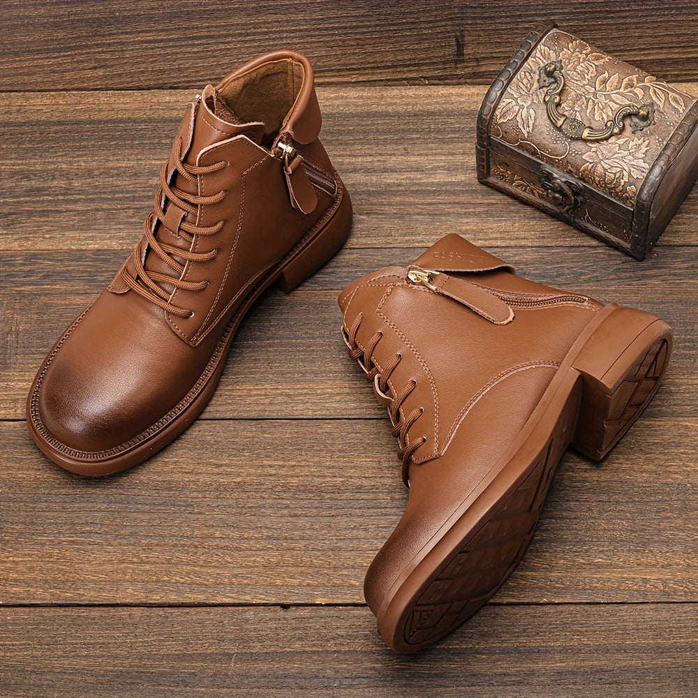 Women's Chunky Heel Lace-Up Boots Side Zipper Comfortable Outdoor