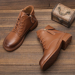 Women's Chunky Heel Lace-Up Boots Side Zipper Comfortable Outdoor