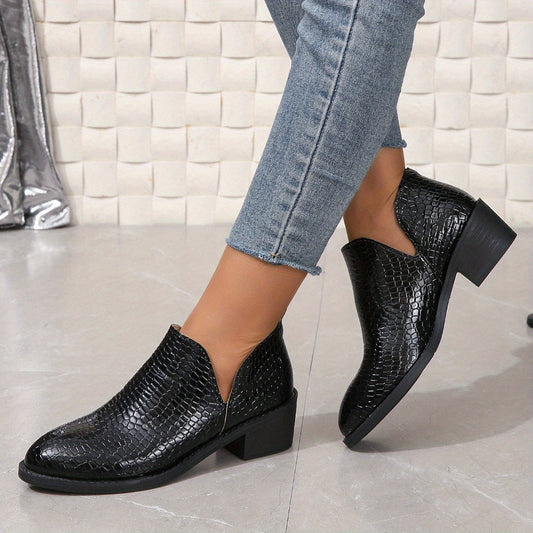 Crocodile Pattern Chunky Heel Ankle Boots