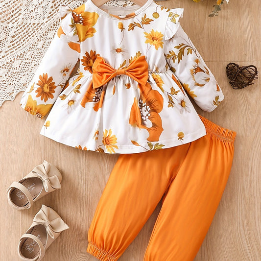 Cute Baby Girl Outfit Solid Cotton Top with Printed Bow Pants