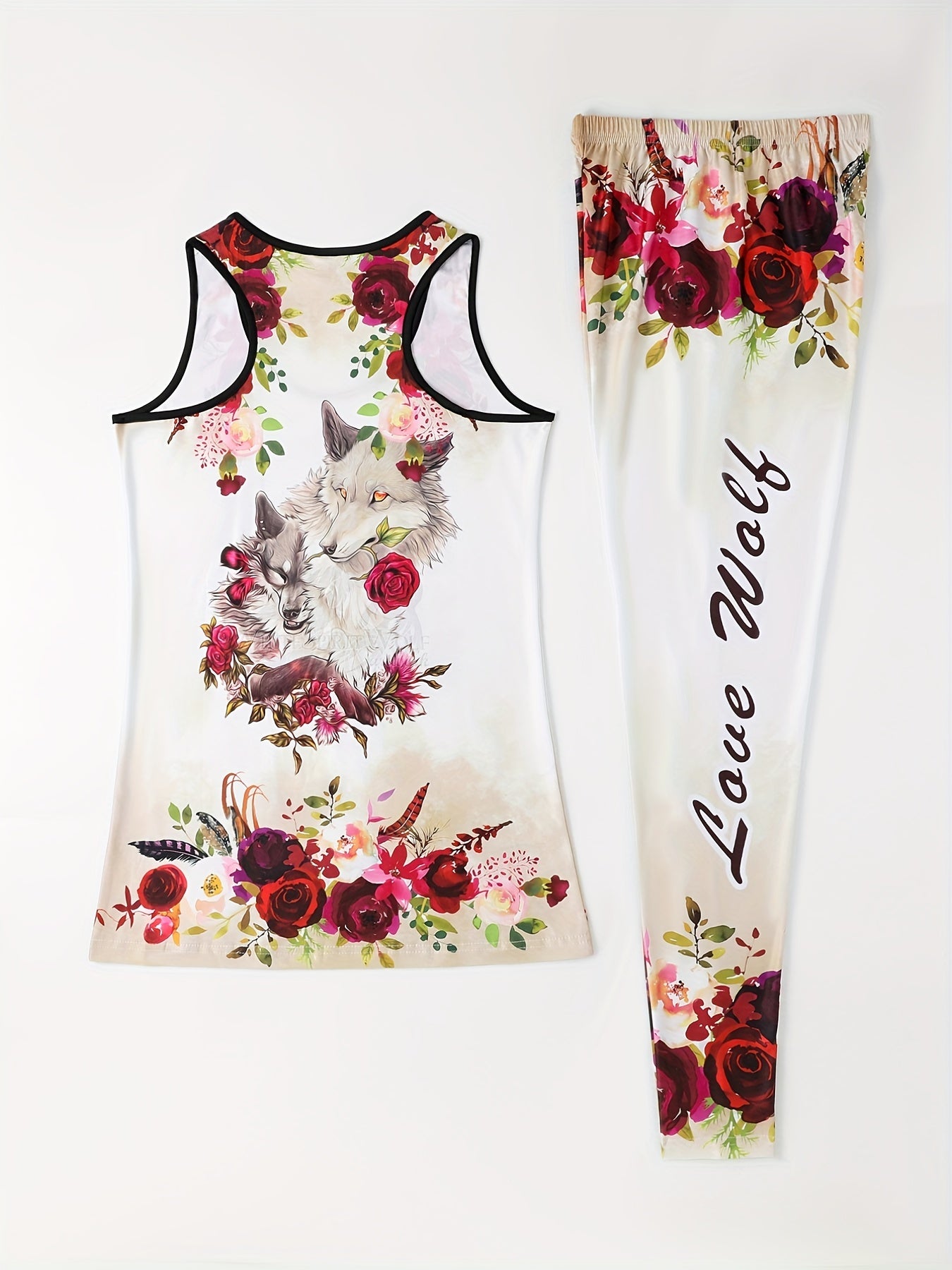 Wolf & Flower Print Two piece Set Casual Sleeveless Tank Top & Skinny Leggings