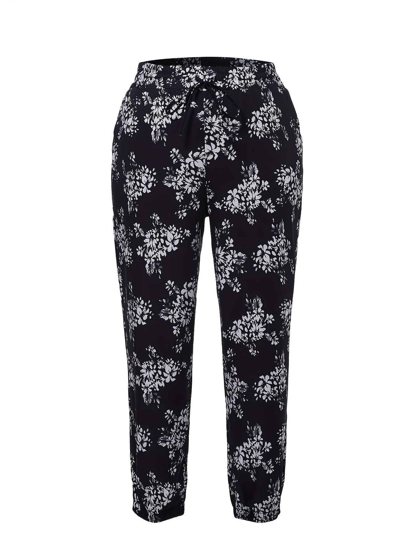 Women's Plus Floral Print Elastic Waist Joggers With Pockets