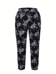 Women's Plus Floral Print Elastic Waist Joggers With Pockets