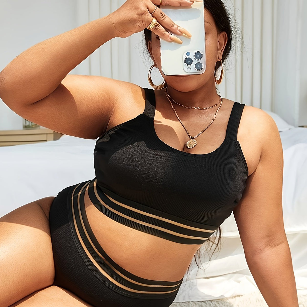  Striped Bikini Set Round Neck Swimsuit 2 Piece