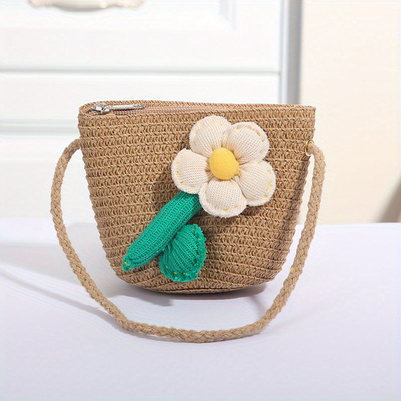 Kids Flower Decor Coin Purse Straw Woven Crossbody Bag