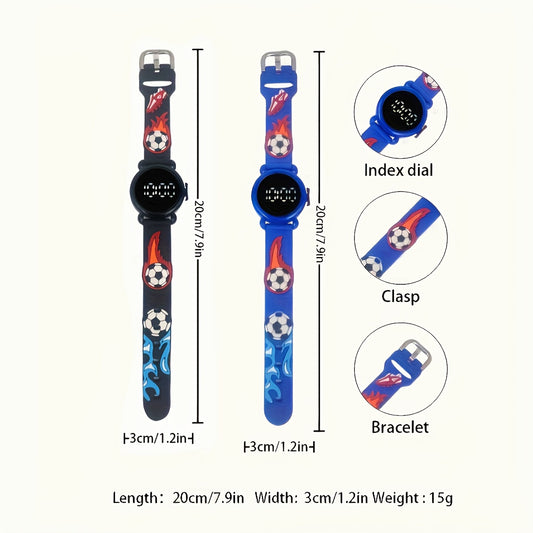 2pcs Boys' Soccer Electronic Watches with Digital Display & Flame Soccer Ball