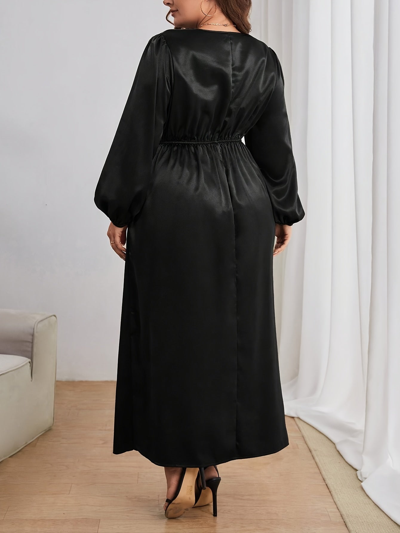  Solid Lantern Sleeve Surplice Neck Wrap Dress