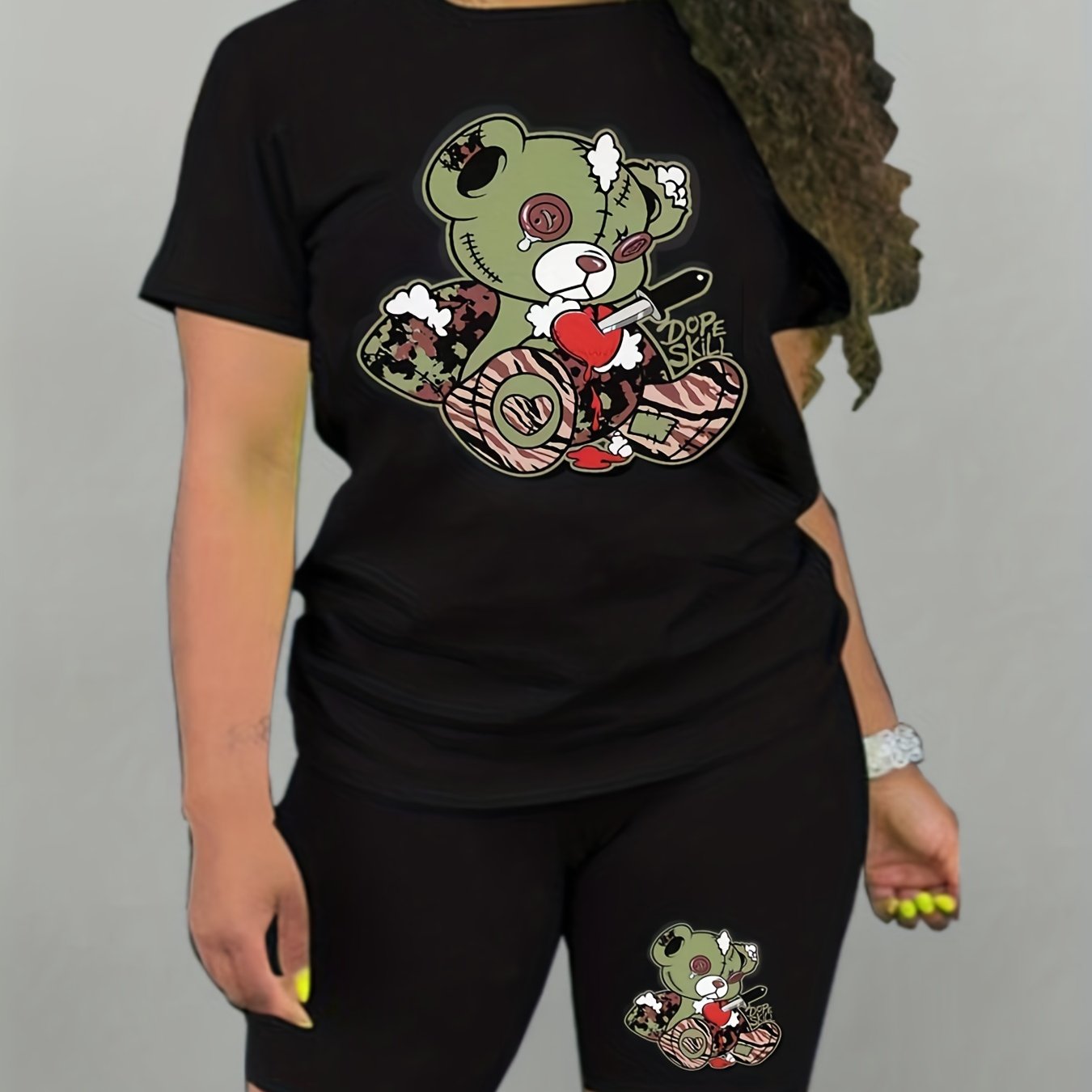 Teddy Bear Print 2pc Set Short Sleeve Crew Neck T Shirt & Shorts Casual Outfit