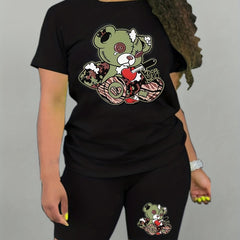 Teddy Bear Print 2pc Set Short Sleeve Crew Neck T Shirt & Shorts Casual Outfit