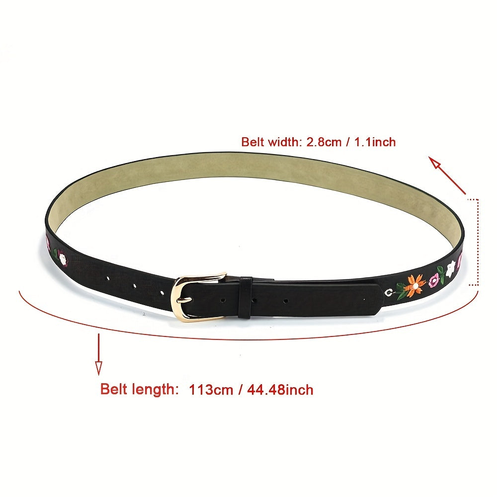 Boho Flower Embroidery Belt Vintage Pin Buckle PU Leather Waistband