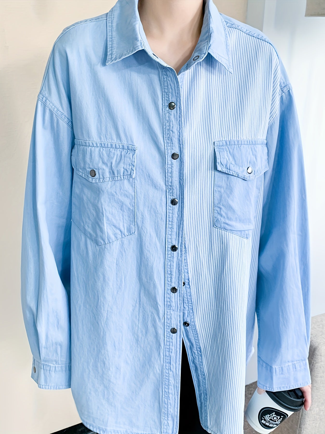  Colorblock Button Up Long Sleeve Denim Shirt