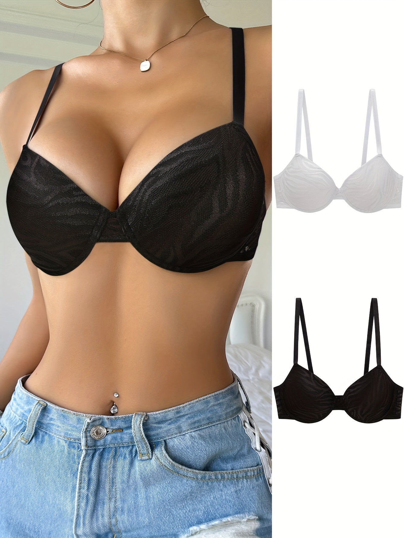 2pcs Solid Push Up Bras Comfy & Breathable Women's Lingerie