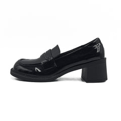 Women's Chunky Heeled Loafers, Faux Patent Leather