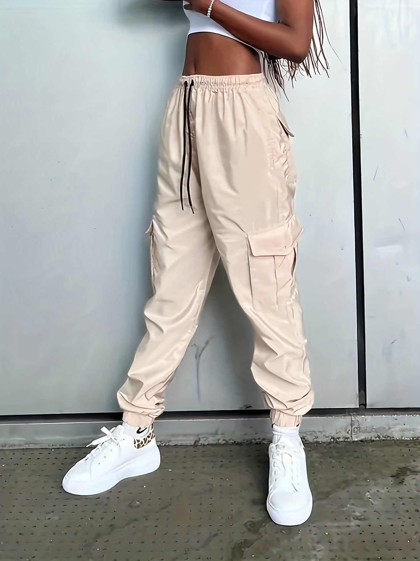  Solid Cargo Trousers Elastic Drawstring Women's Pants