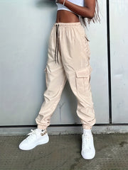  Solid Cargo Trousers Elastic Drawstring Women's Pants