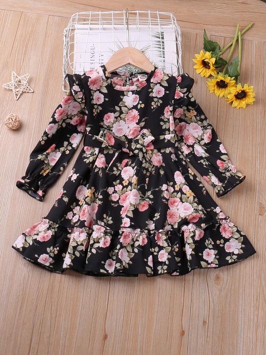Toddler Girls Floral Print Ruffle Long Sleeve Dress Kids Clothes