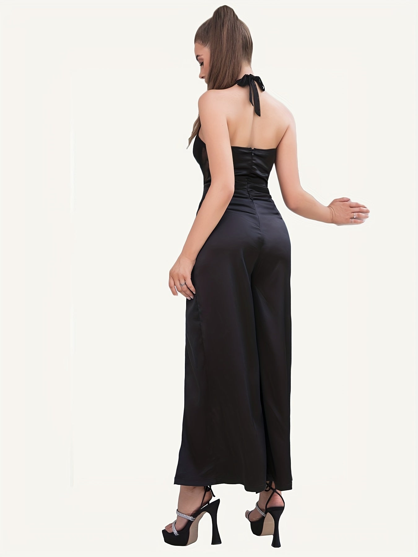 Contrast Mesh Split Halter Jumpsuit Backless Sexy Jumpsuit