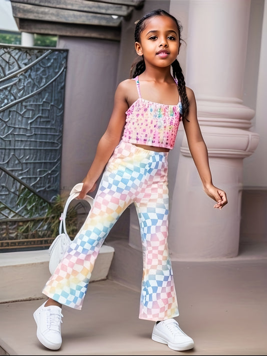 Girls' Colorful Plaid Bell Bottom Pants For Casual Street