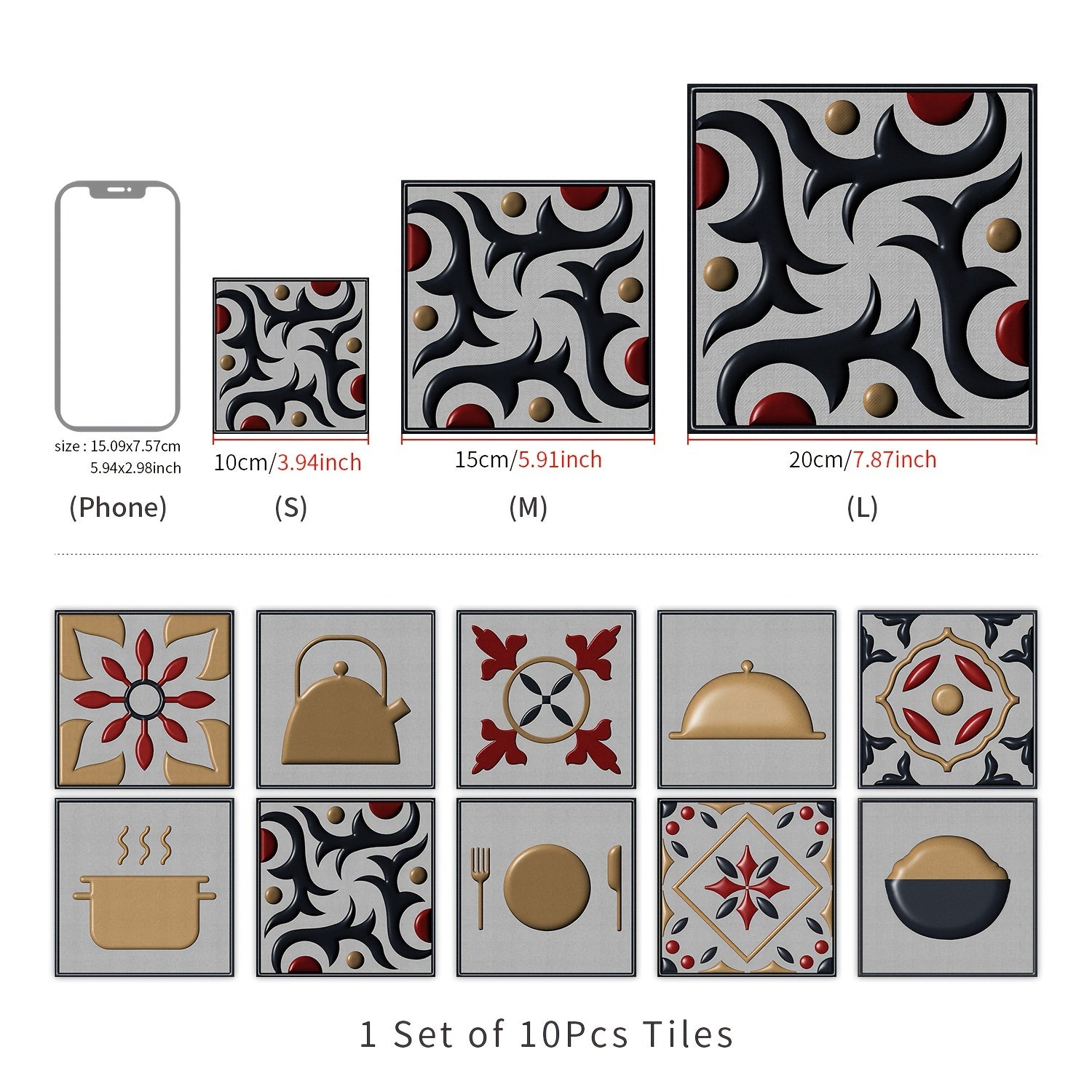10pcs Vintage Kitchen Tile Sticker Peel Stick Non Slip PVC Wall Sticker