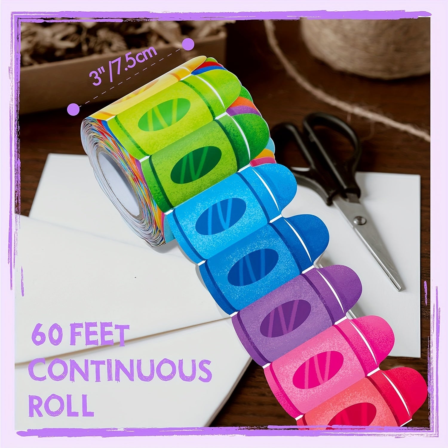 60 Ft Vibrant Crayon Die Cut Rolled Border Sticker Back to School Decoration