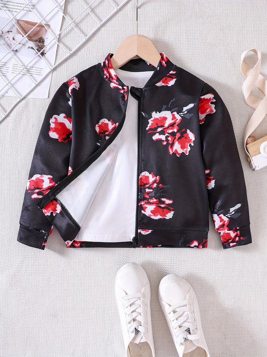 Girls' Floral Print Long Sleeve Jacket Top, Zipper Up