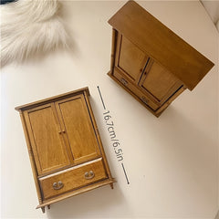Vintage Wooden Dollhouse Wardrobe Cabinet with Double Doors and Drawers