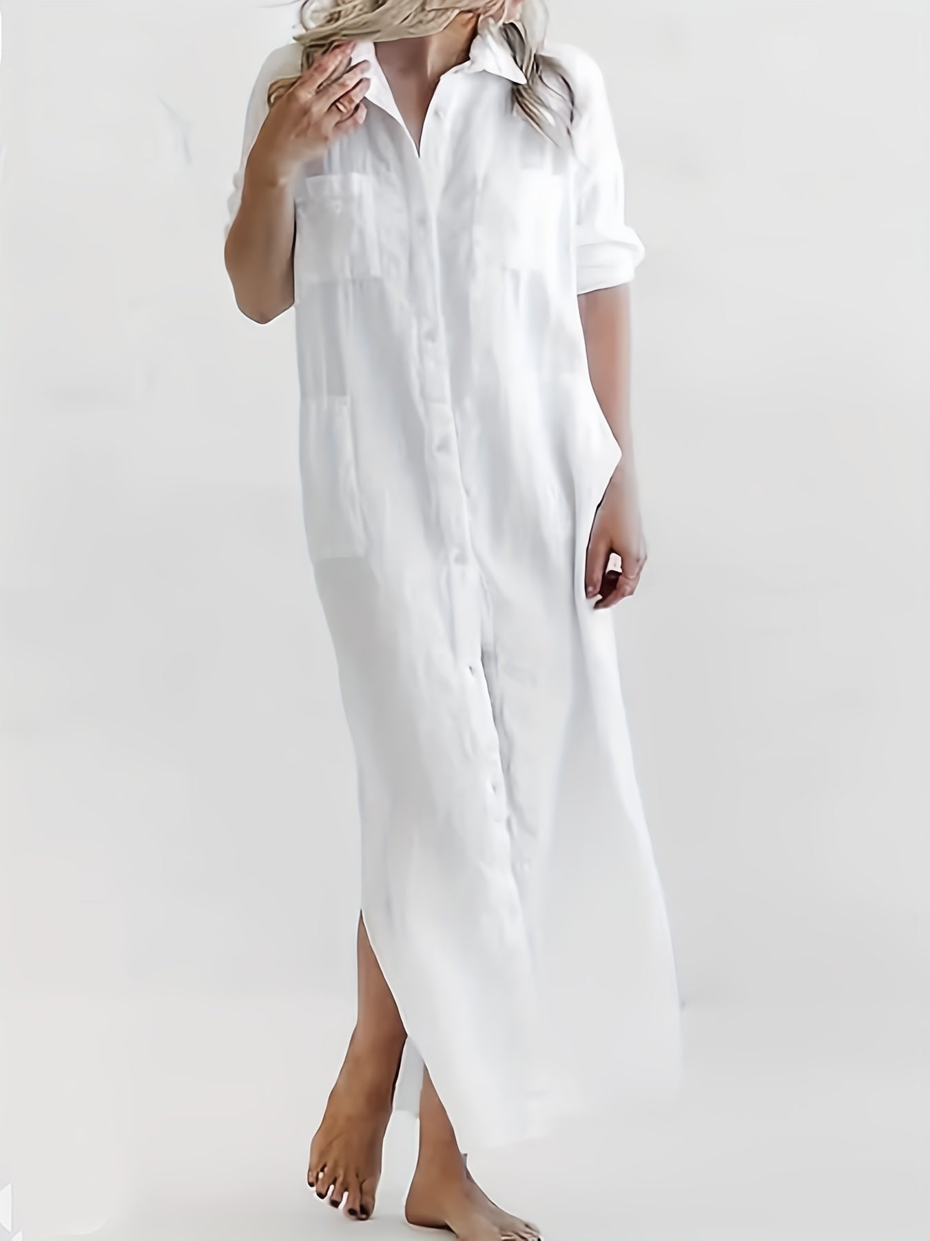  Solid Short Sleeve Collar Shirt Dress