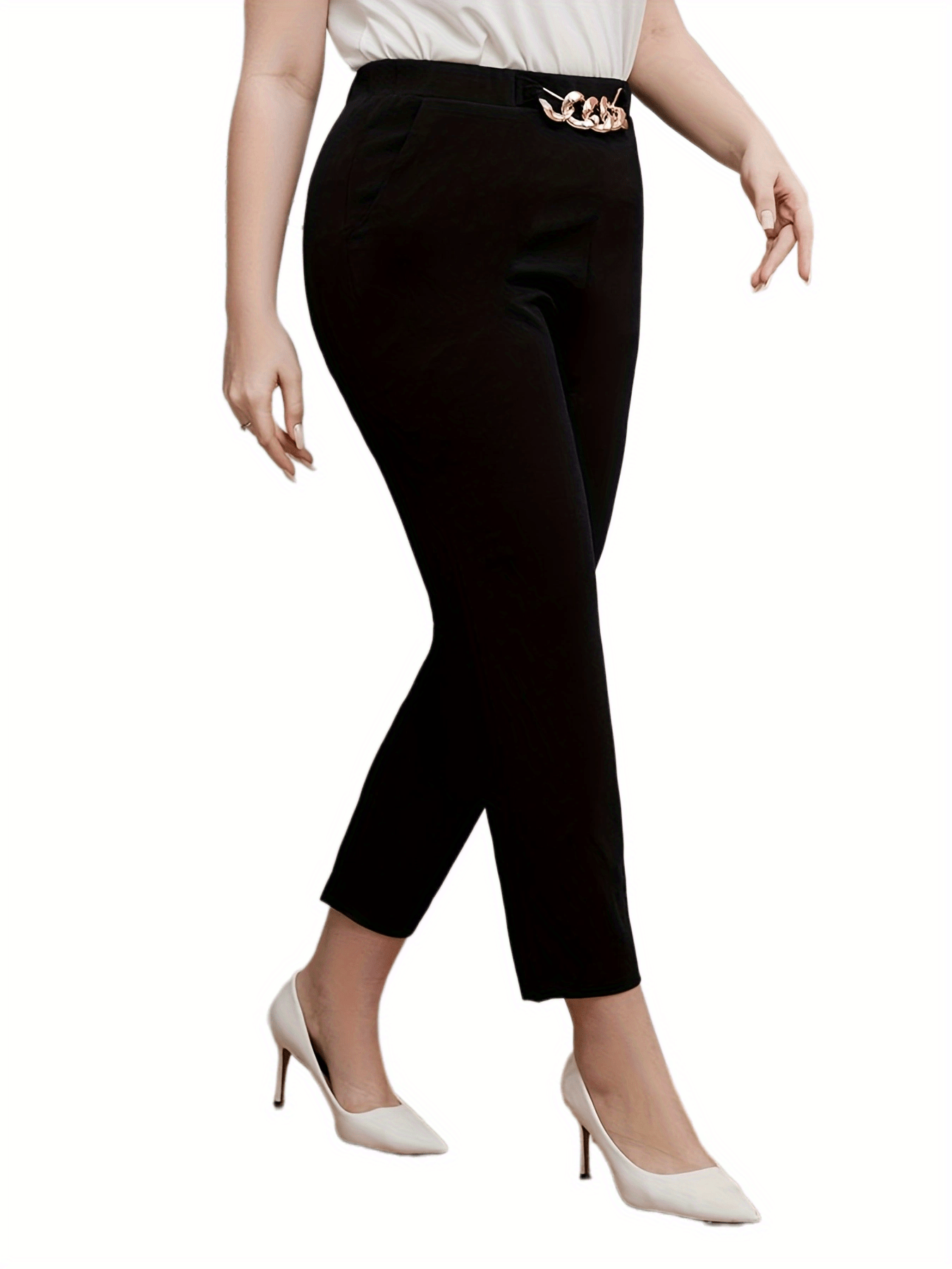  Solid Chain Decor Elastic High Rise Straight Leg Crop Trousers