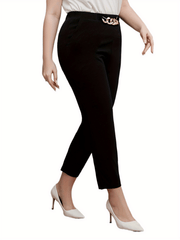 Solid Chain Decor Elastic High Rise Straight Leg Crop Trousers