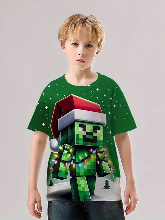 Christmas Pixel Zombie Print Boys T-shirt Short Sleeve Top