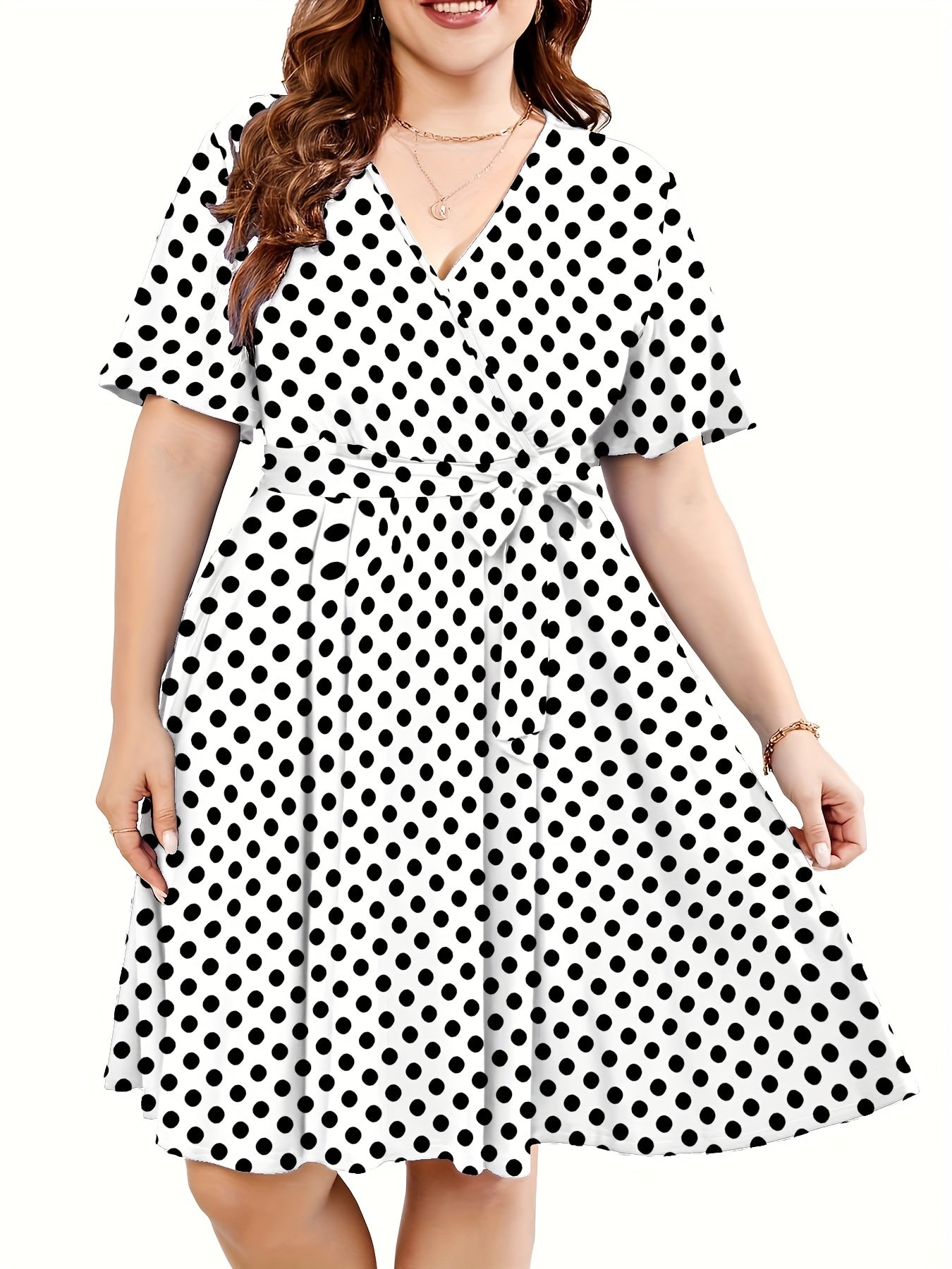  Polka Dot Print Short Sleeve V Neck Dress With Belt