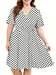  Polka Dot Print Short Sleeve V Neck Dress With Belt