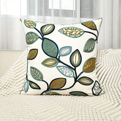 Leaf Embroidered Canvas Throw Pillow Cover for Home Decor