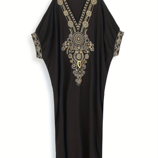 Boho Kaftan Dress Women's Plus Golden Embroidered V Neck