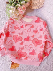 Girls Valentines Heart Print Crew Neck Sweatshirt Long Sleeve Pullover Top
