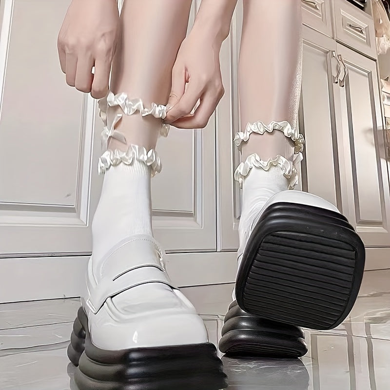 Mesh Stitching Socks Sweet & Bow Tie Ruffle Socks Women's Stockings