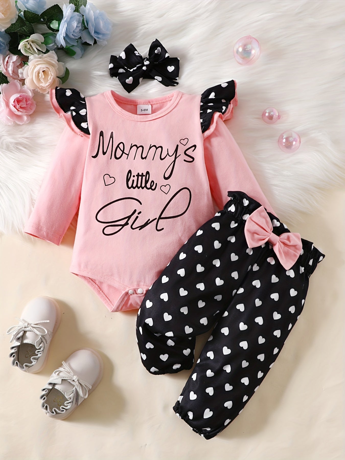 Cute Baby Girls 3 Piece Outfit Squirrel Print Ruffle Sleeve Bodysuit Pants & Hea