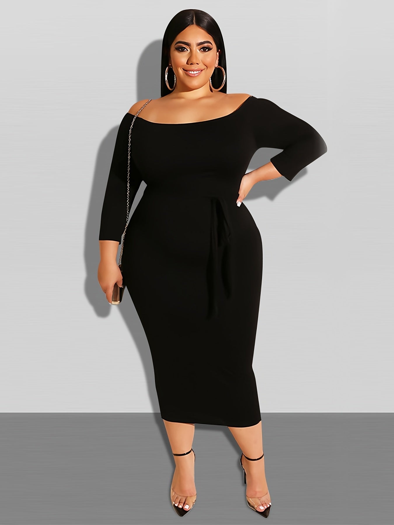 Solid Off Shoulder Long Sleeve Maxi Dress Women's Plus High Stretch