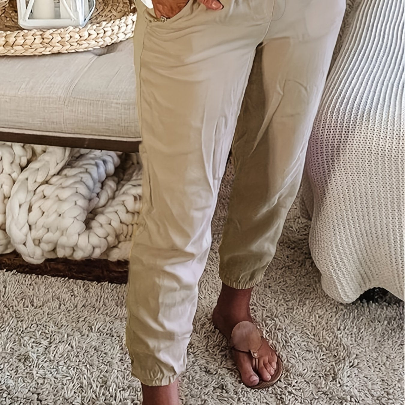  Solid Elastic Drawstring Tapered Leg Pants With Pockets