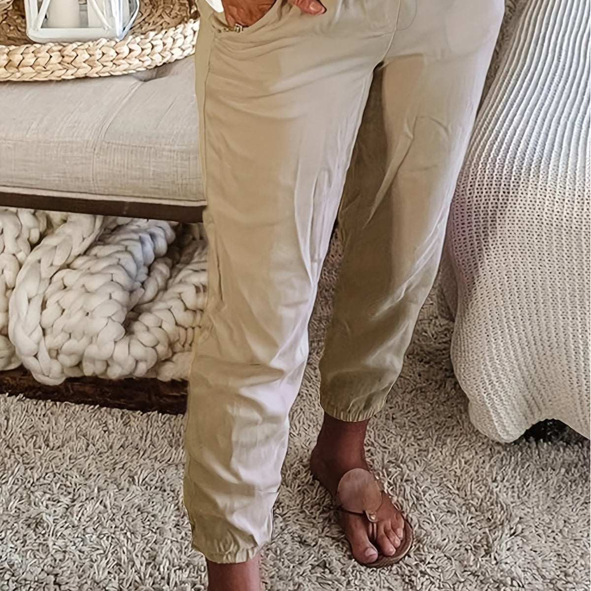  Solid Elastic Drawstring Tapered Leg Pants With Pockets