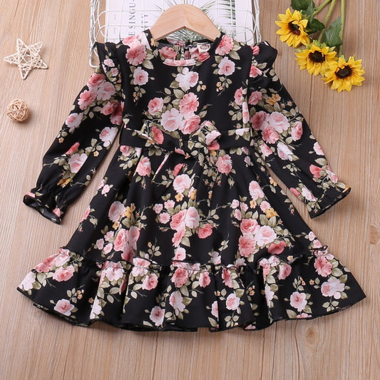 Toddler Girls Floral Print Ruffle Long Sleeve Dress Kids Clothes