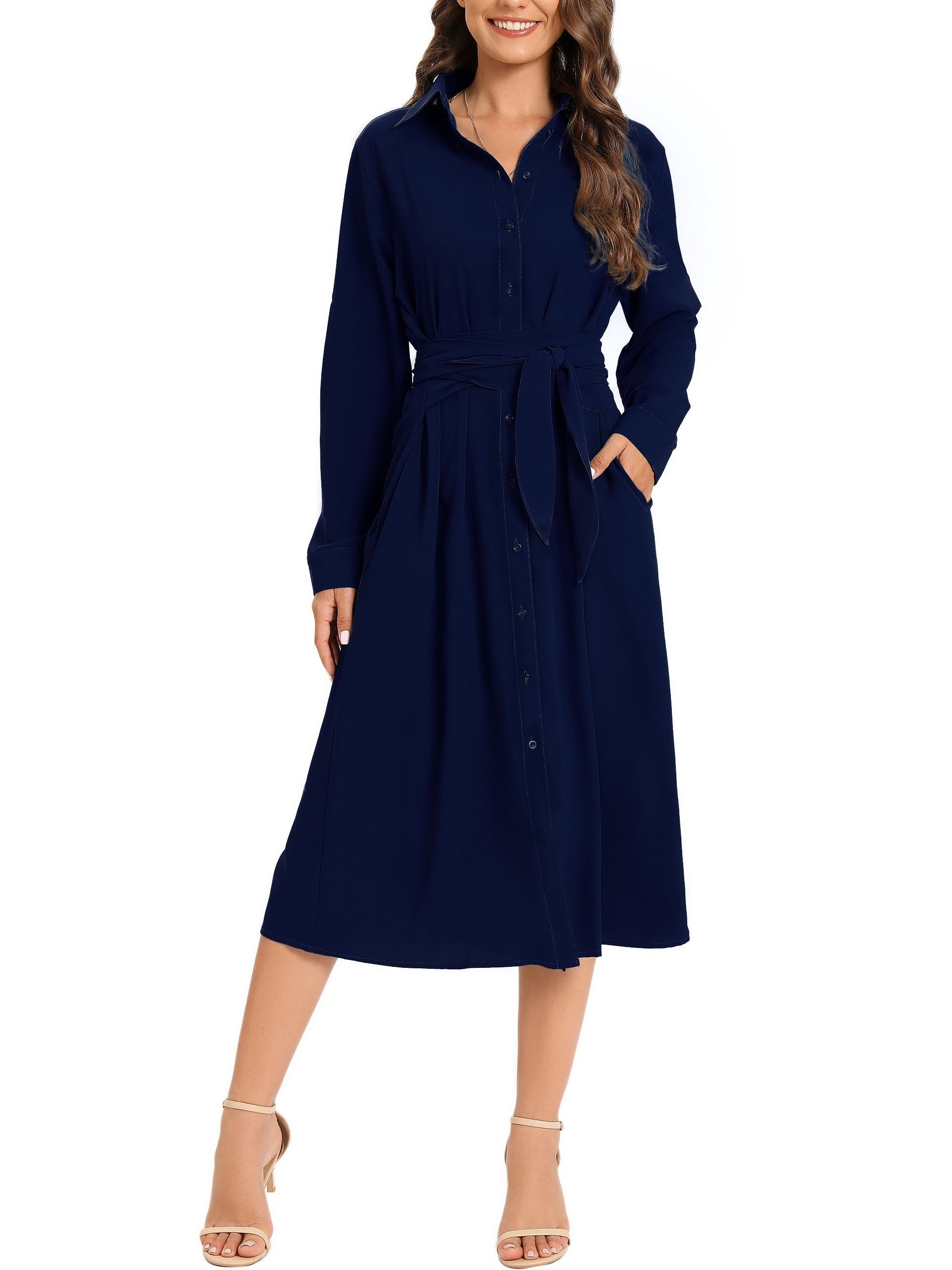 Button Belted Shirt Dress With Pocket Long Sleeve Dress