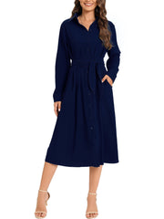 Button Belted Shirt Dress With Pocket Long Sleeve Dress